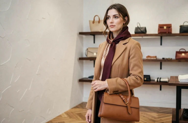 Femme élégante portant un manteau camel, un sac en cuir structuré et un foulard en soie dans une boutique parisienne minimaliste