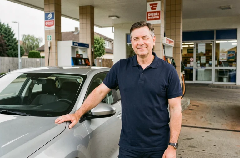 Homme posé près d'une voiture essence dans une station-service européenne, illustrant le choix d'un véhicule à carburant traditionnel en 2026