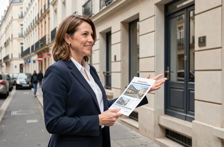 Agent immobilière professionnelle tenant des annonces devant un immeuble urbain moderne