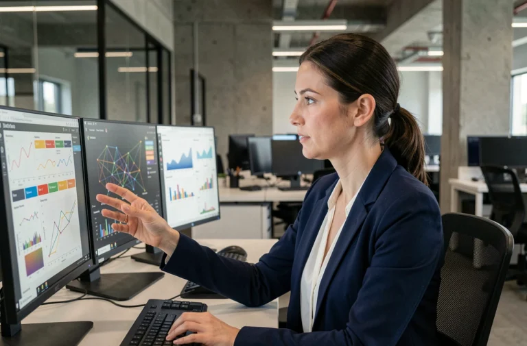 Analyste data dans un bureau tech moderne consultant des tableaux de bord de collecte de données IA sur plusieurs écrans