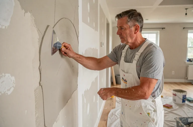 Homme en salopette appliquant de l'enduit de rebouchage sur un mur abîmé avec une spatule large lors de travaux de rénovation intérieure