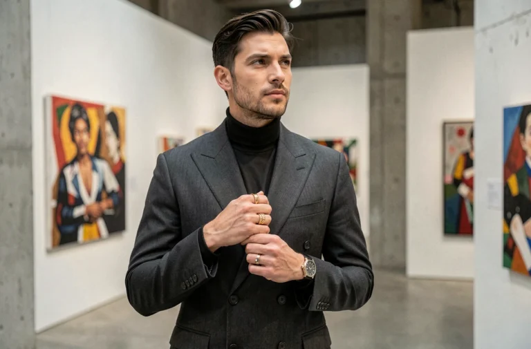Musicien stylé en costume double boutonnage dans une galerie d'art contemporain, illustrant l'artiste le plus élégant