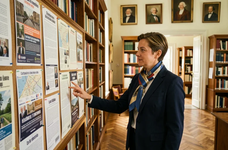 Attachée culturelle française présentant des programmes culturels dans un institut français à l'étranger