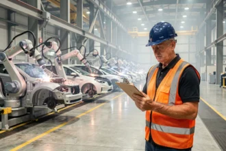 Ingénieur automobile supervisant une chaîne de montage industrielle moderne avec des bras robotiques