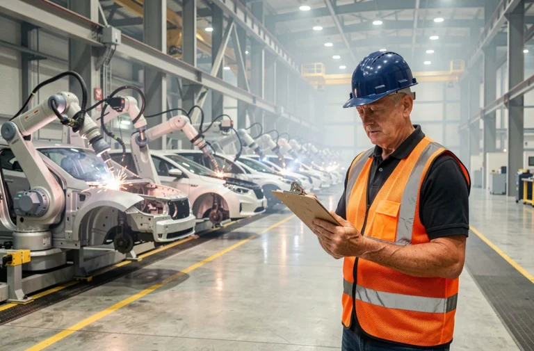 Ingénieur automobile supervisant une chaîne de montage industrielle moderne avec des bras robotiques