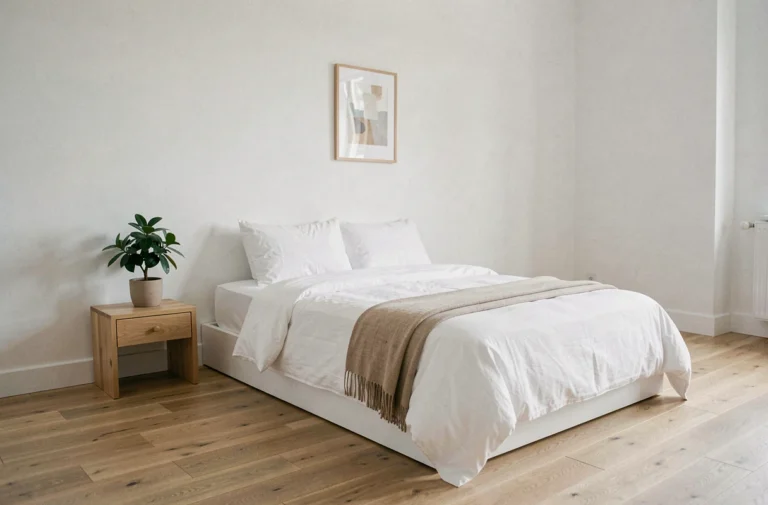 Chambre minimaliste épurée avec lit bas en lin blanc et parquet en chêne clair