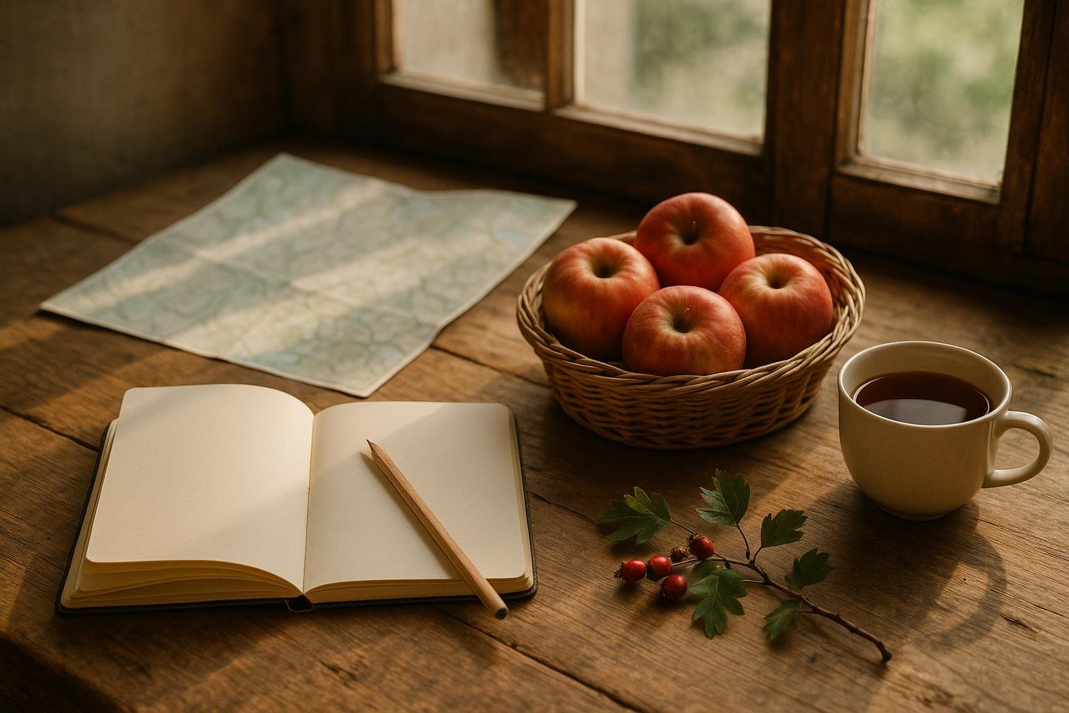 Carnet ouvert et crayon, petit panier de pommes, carte de randonnée pliée, tasse de thé et brin d’aubépine sur une table en bois