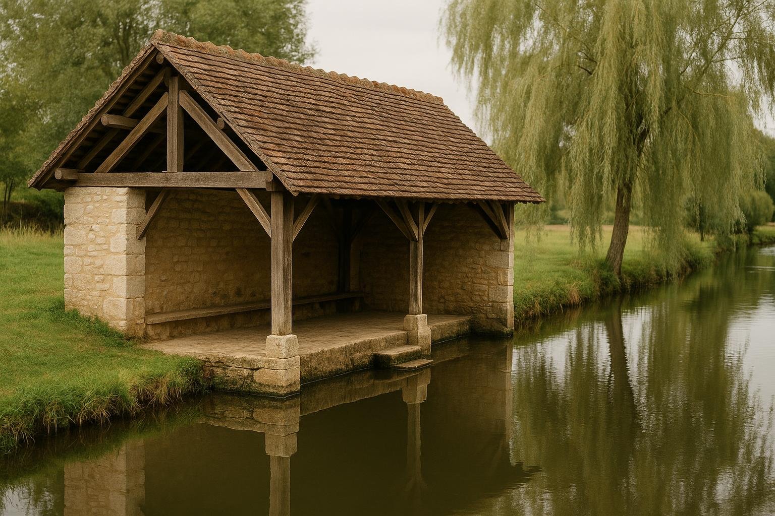 Lavoir couvert en bois et pierre au bord d’une rivière calme, toit de petites tuiles brunes, marches descendant vers l’eau