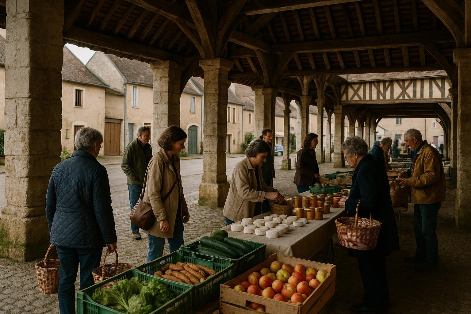Marché du dimanche matin sous une halle ancienne à piliers de pierre, étals de légumes, fromages de chèvre, miel et pommes