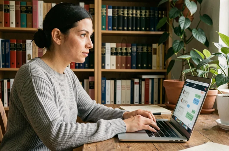 Femme utilisant ChatGPT comme outil de traduction sur un ordinateur portable dans un bureau à domicile