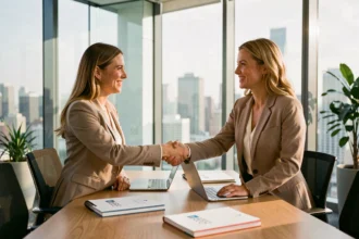 Deux professionnelles se serrent la main lors d'une réunion de collaboration entre marques dans un bureau moderne