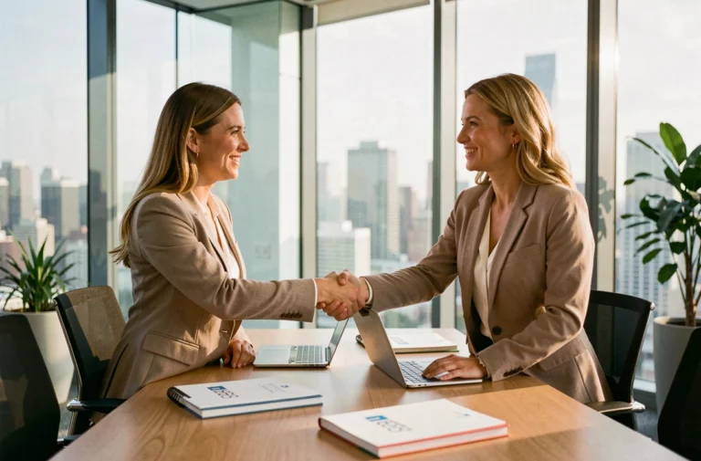 Deux professionnelles se serrent la main lors d'une réunion de collaboration entre marques dans un bureau moderne