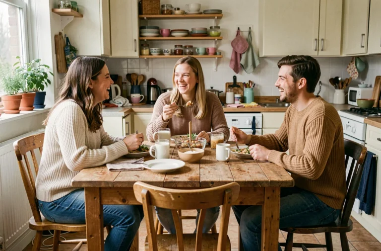 Trois colocataires partageant un repas dans la cuisine commune d'un appartement en colocation
