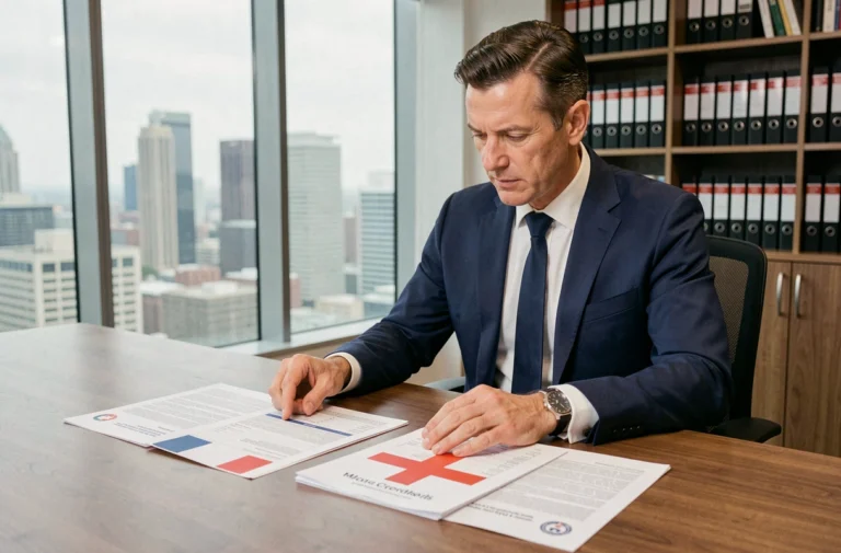 Un homme en costume marine compare des documents fiscaux français et suisses dans un bureau professionnel moderne