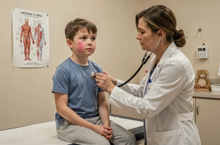 Jeune garçon chez le pédiatre lors d'une consultation pour maladie courante de l'enfant