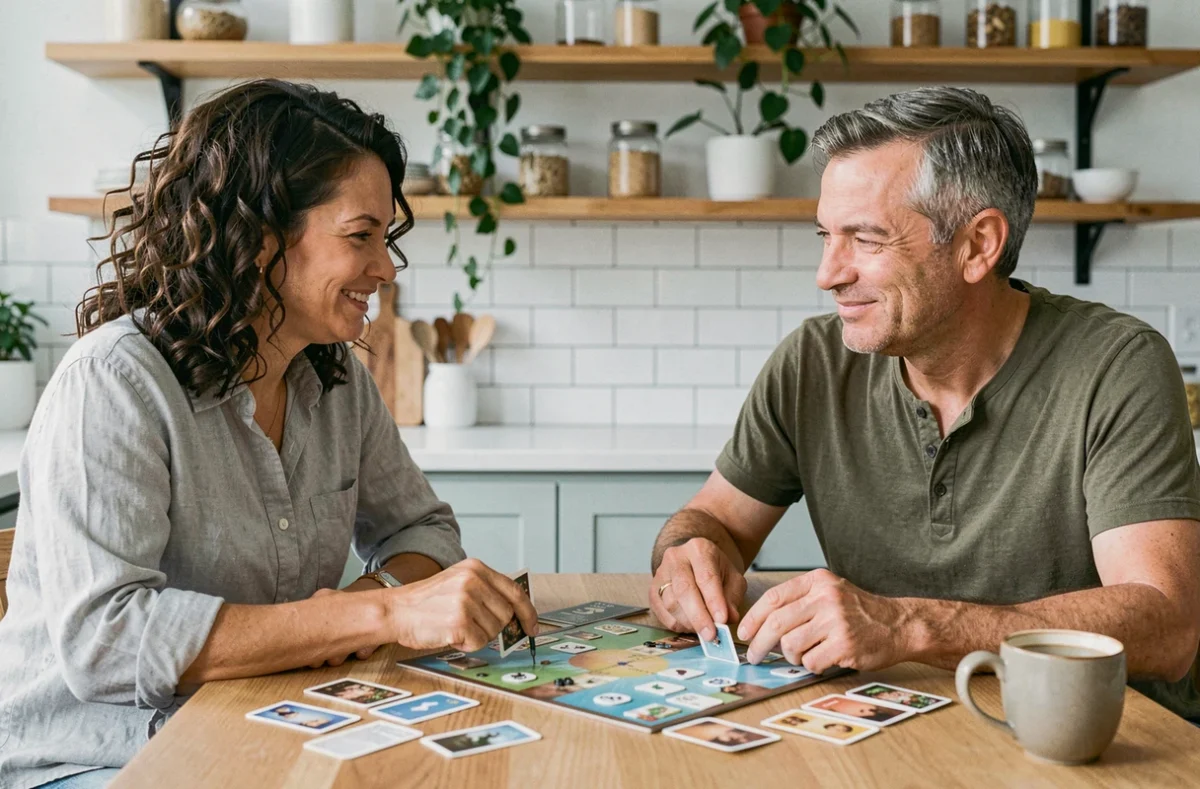 Couple jouant à un jeu de cartes convivial autour d'une table de cuisine le week-end