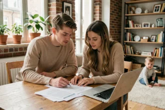Couple avec enfant en bas âge examinant des documents administratifs liés au PACS dans leur appartement