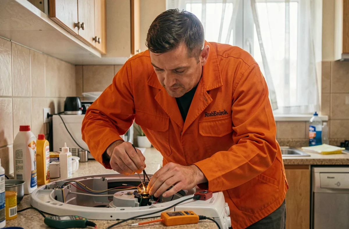 Technicien de Dédépanne testant les composants électriques d'un sèche-linge dans une cuisine en Essonne
