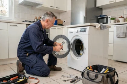 Technicien en réparation d'électroménager intervenant dans une cuisine en Essonne