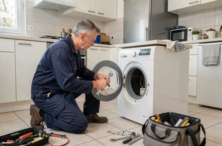 Technicien en réparation d'électroménager intervenant dans une cuisine en Essonne