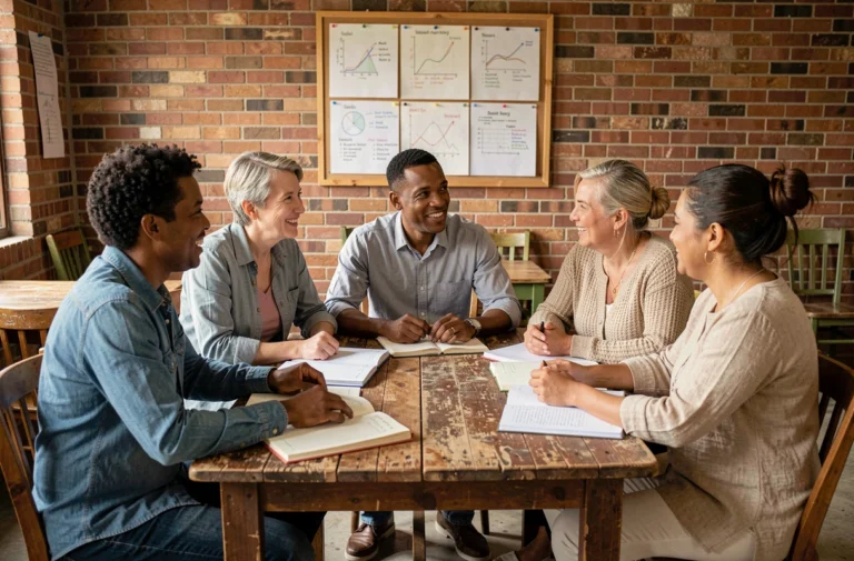 Éducateur engageant un dialogue participatif avec des apprenants adultes autour d'une table en bois, inspiré des principes pédagogiques de Paulo Freire