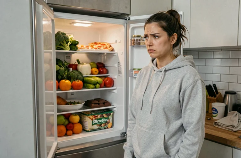 Femme hésitant devant un réfrigérateur ouvert entre aliments sains et malbouffe dans une cuisine moderne