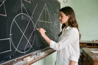 Enseignante traçant deux droites confondues superposées sur un tableau noir dans une salle de classe