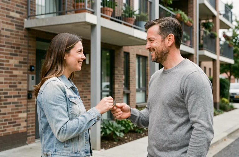 Deux personnes échangeant des clés devant un appartement en économie collaborative