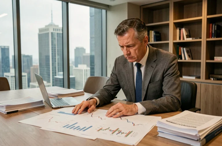 Économiste analysant des graphiques financiers dans un bureau moderne face à des problèmes économiques majeurs