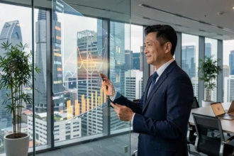 Économiste asiatique analysant des données d'intelligence artificielle dans un bureau moderne de Singapour avec vue sur la skyline urbaine