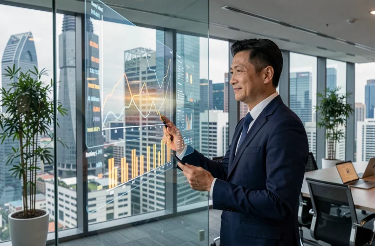 Économiste asiatique analysant des données d'intelligence artificielle dans un bureau moderne de Singapour avec vue sur la skyline urbaine