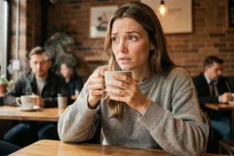 Femme tenant une tasse de café dans un café urbain, illustrant les effets de la caféine sur la vigilance et la concentration cérébrale