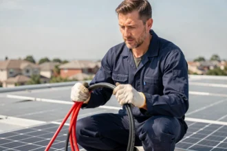 Électricien sur un toit comparant deux câbles solaires rouges et noirs pour installation photovoltaïque