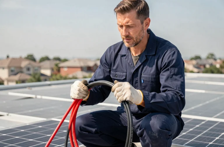 Électricien sur un toit comparant deux câbles solaires rouges et noirs pour installation photovoltaïque