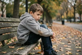 Jeune garçon assis seul sur un banc dans un parc automnal, illustrant la solitude d'un enfant sans présence paternelle