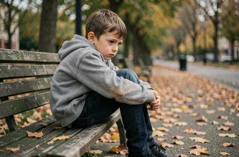 Jeune garçon assis seul sur un banc dans un parc automnal, illustrant la solitude d'un enfant sans présence paternelle