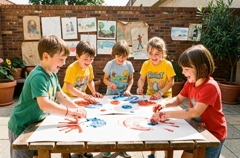 Enfants peignant ensemble dans la cour d'un centre de loisirs ALSH lors d'une activité manuelle colorée