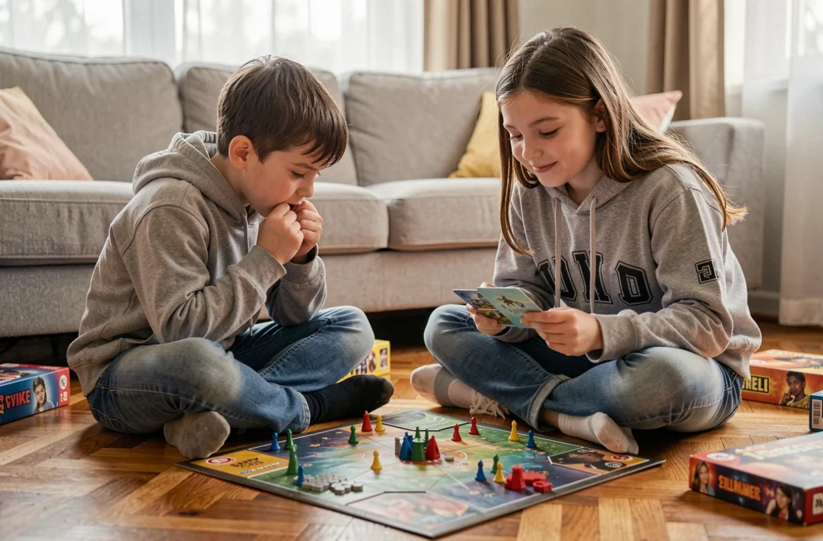Deux enfants concentrés sur un jeu de stratégie assis par terre dans un salon familial