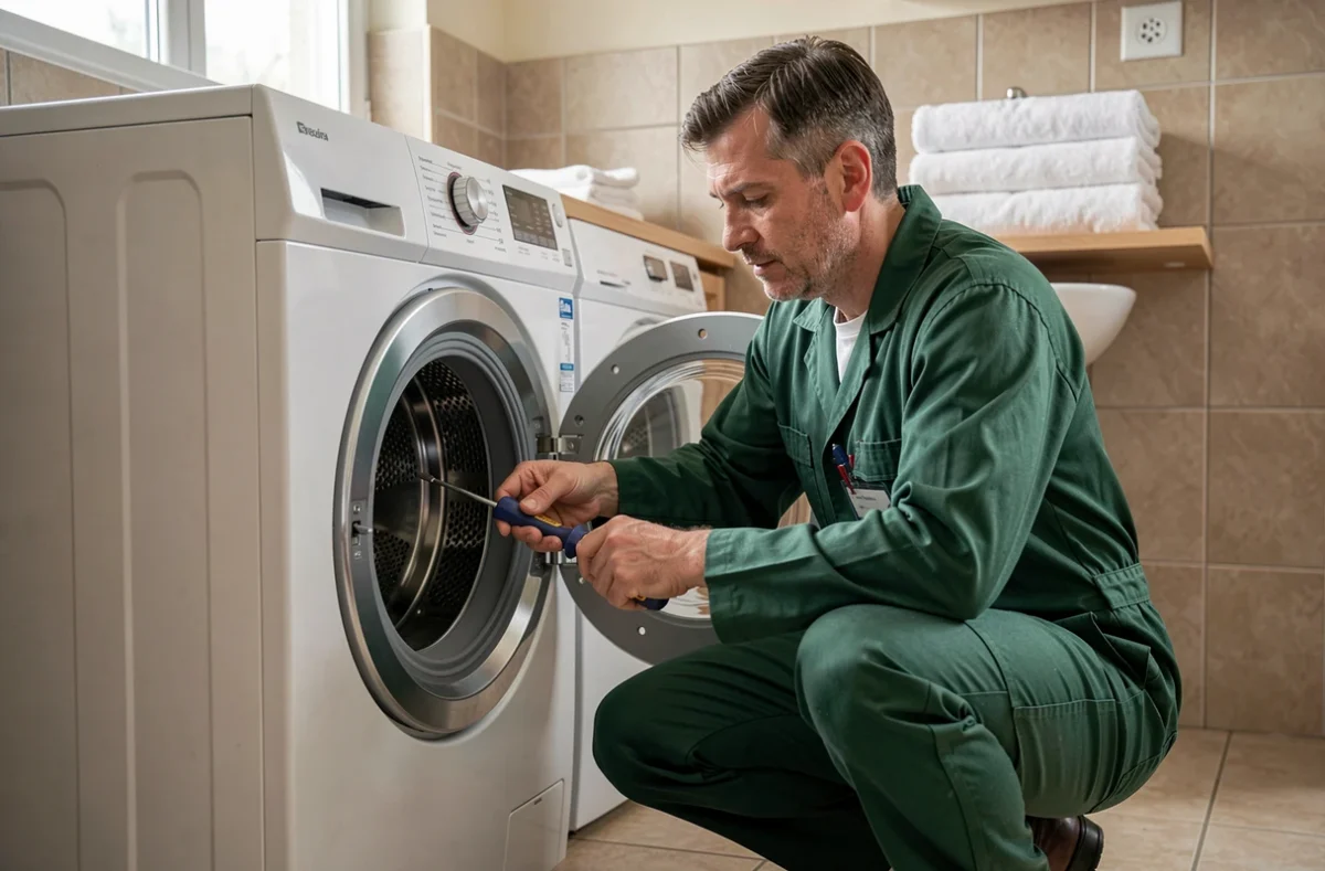 Technicien de Ent Berger Electroménager réparant un lave-linge chez un client en Essonne