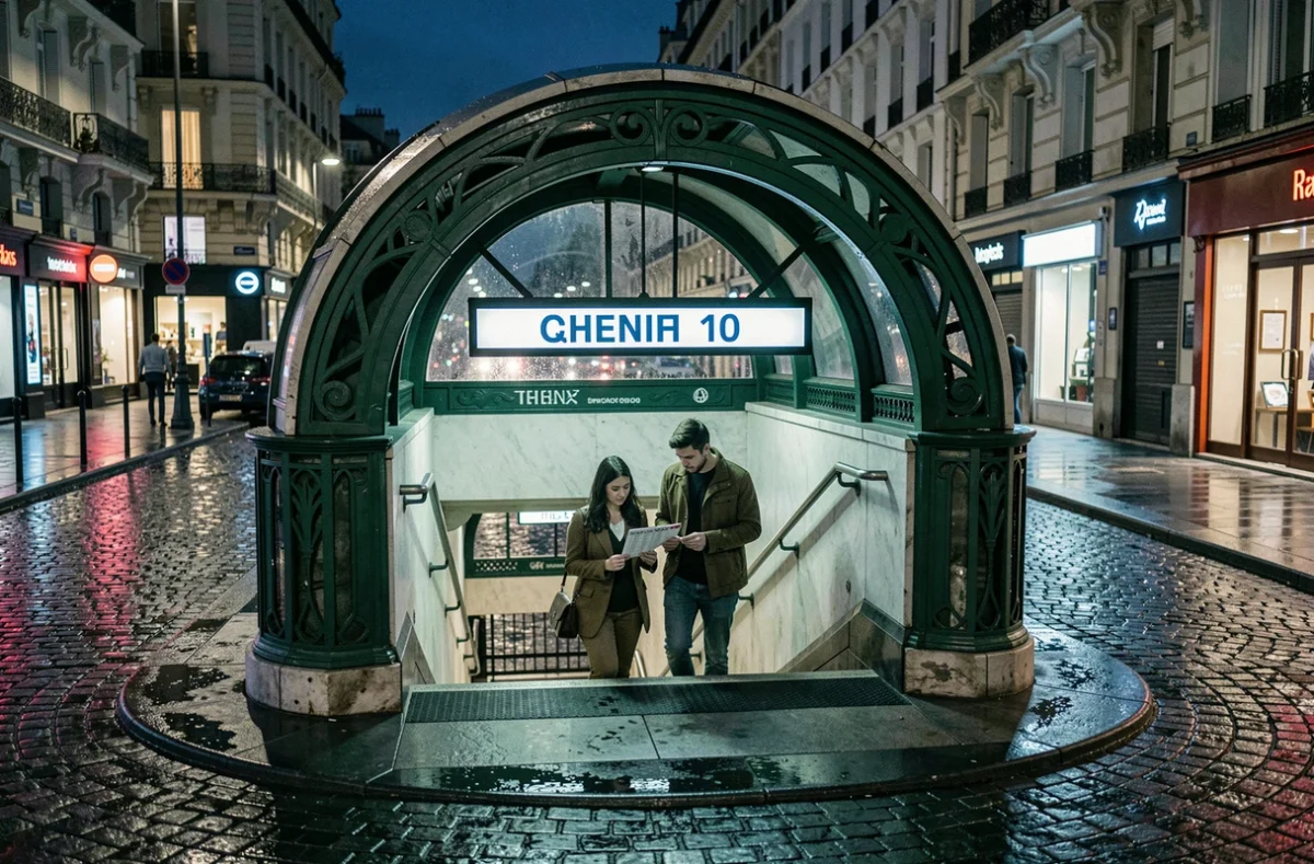 Entrée de station de métro ligne 10 la nuit avec passagers consultant les horaires de soirée