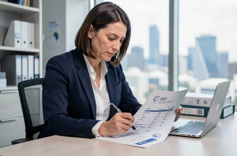 Professionnelle examinant un certificat ISO 9001 dans un bureau moderne