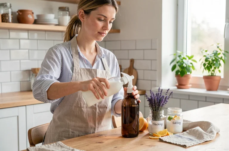 Femme préparant un nettoyant multi-usage écologique avec du vinaigre blanc et du bicarbonate dans une cuisine en bois style scandinave