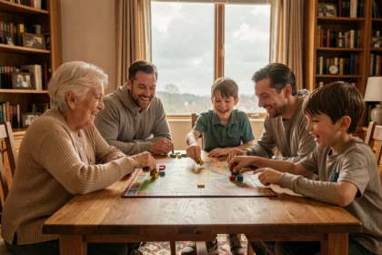 Famille multigénérationnelle jouant à un jeu de société autour d'une table en bois dans un salon chaleureux