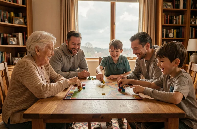 Famille multigénérationnelle jouant à un jeu de société autour d'une table en bois dans un salon chaleureux