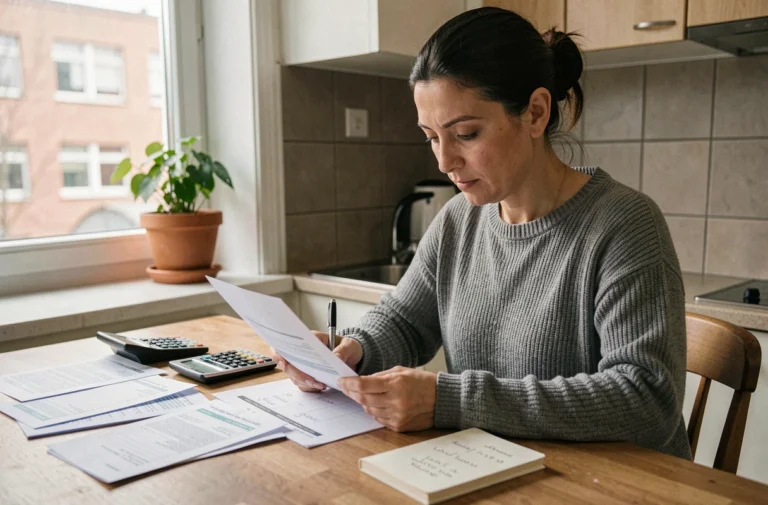 Femme consultant ses relevés bancaires et calculant ses dettes à la table de cuisine pour établir une stratégie de remboursement