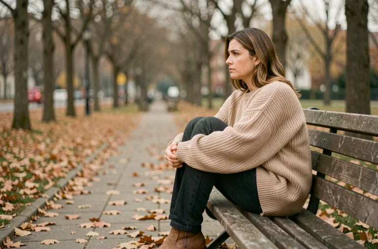 Femme seule aux genoux repliés assise sur un banc en bois dans un parc automnal, exprimant une tristesse silencieuse après une rupture amoureuse
