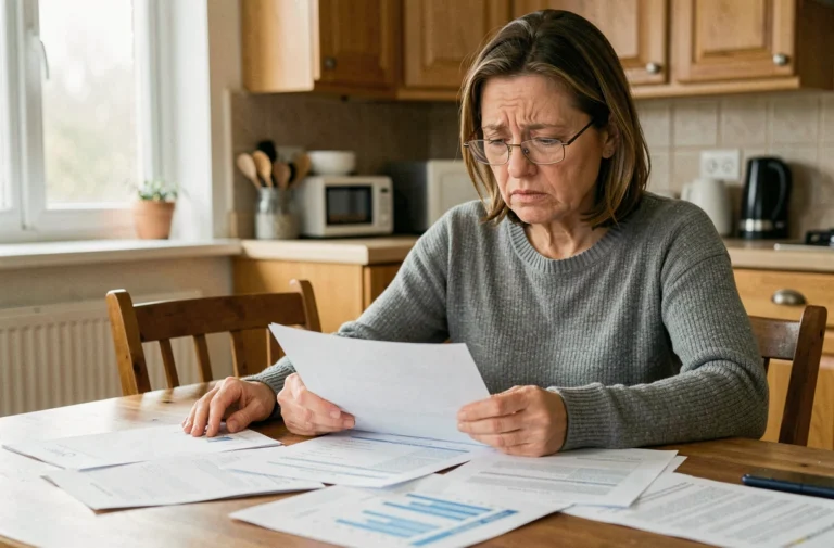 Femme stressée examinant des documents financiers à la maison, illustrant l'annulation d'un plan de gestion de dette