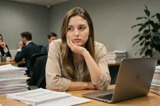 Jeune femme l'air ennuyée au bureau, illustrant la différence entre ennuyeux et ennuyant dans un contexte professionnel