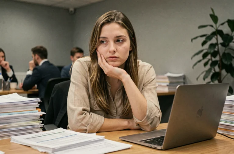 Jeune femme l'air ennuyée au bureau, illustrant la différence entre ennuyeux et ennuyant dans un contexte professionnel