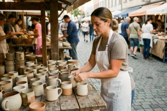 Femme entrepreneur sans diplôme tenant un stand de céramiques artisanales sur un marché en plein air